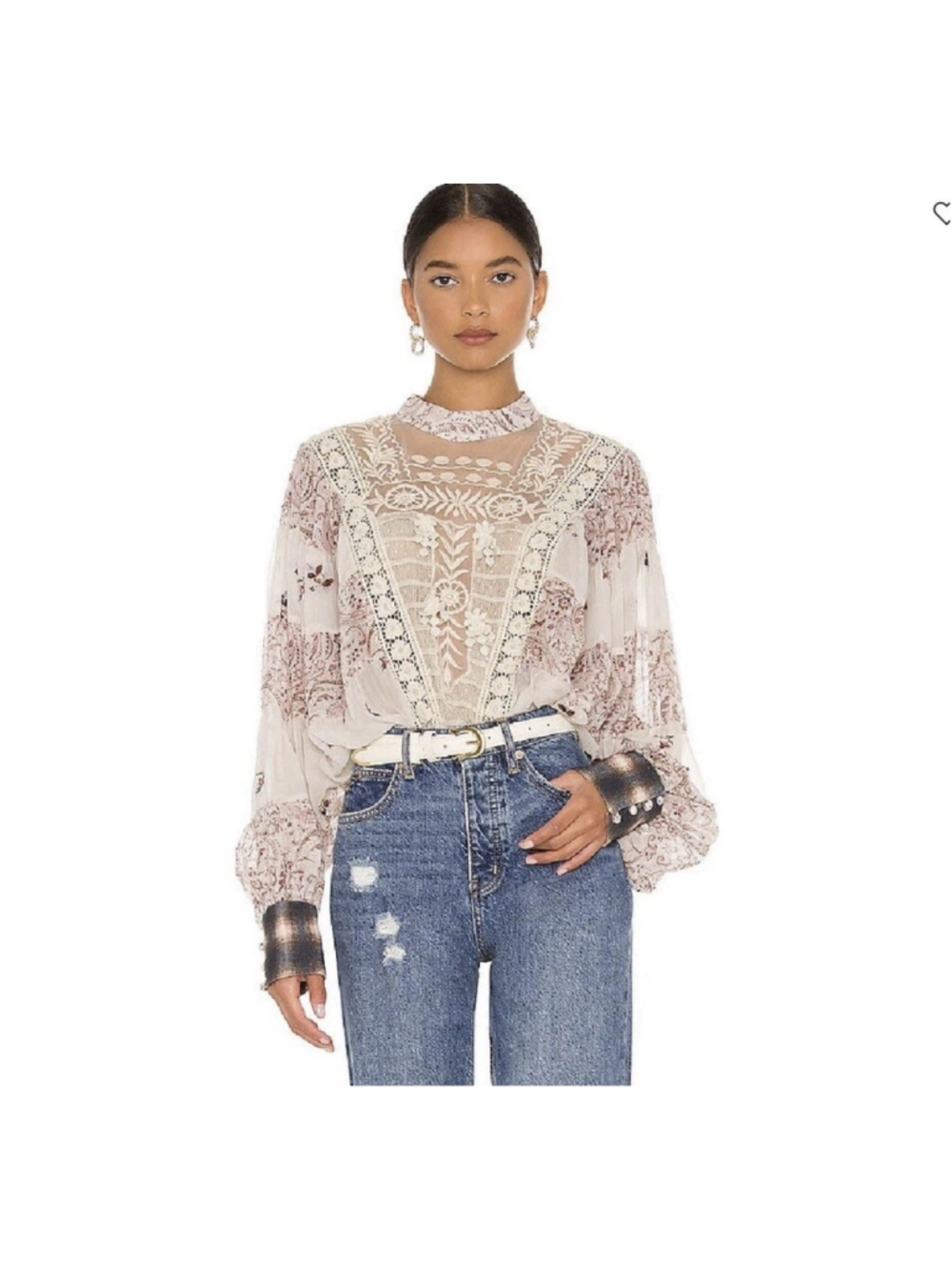 Free People NEW Fiona Lace Peasant Blouse XS Floral Embroidery Flannel Cuffs 🦄